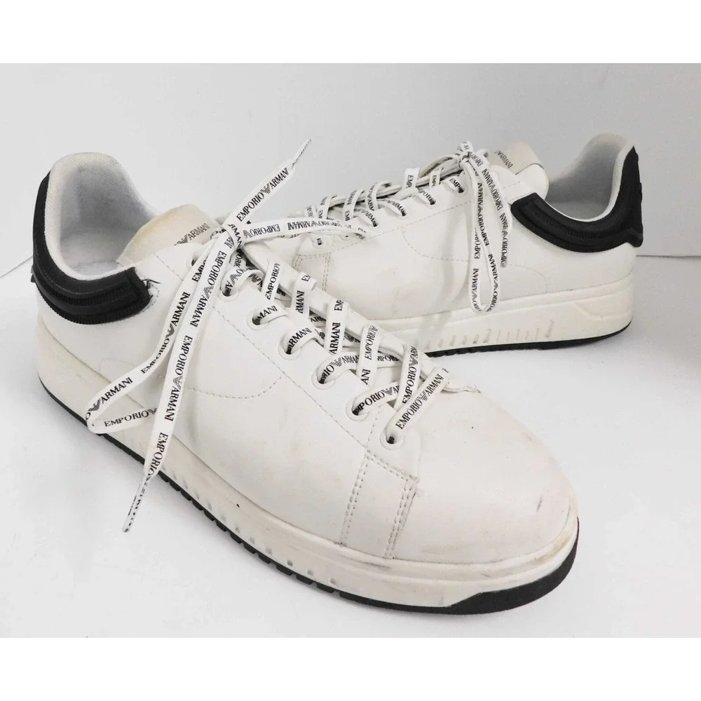 Emporio Armani  X4X264XN0Q1 White Leather Black Heel Sneakers sz 10‎